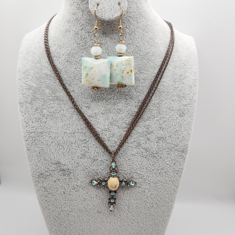 1928 Jewelry Copper Tone Cross Necklace & Artisan Dangle Earrings Set Boho Teal